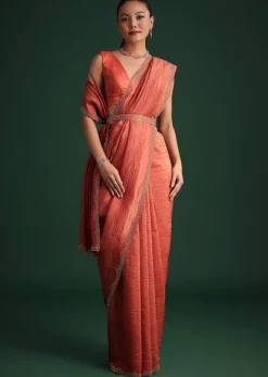 Rust Pink Crushed Tissue Saree With Diamond Work Border