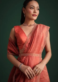 Rust Pink Crushed Tissue Saree With Diamond Work Border