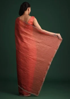 Rust Pink Crushed Tissue Saree With Diamond Work Border