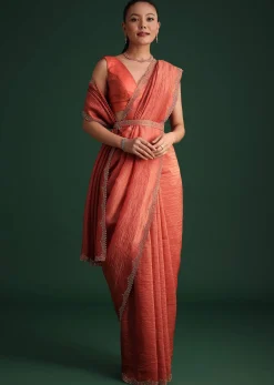 Rust Pink Crushed Tissue Saree With Diamond Work Border
