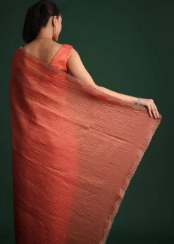 Rust Pink Crushed Tissue Saree With Diamond Work Border