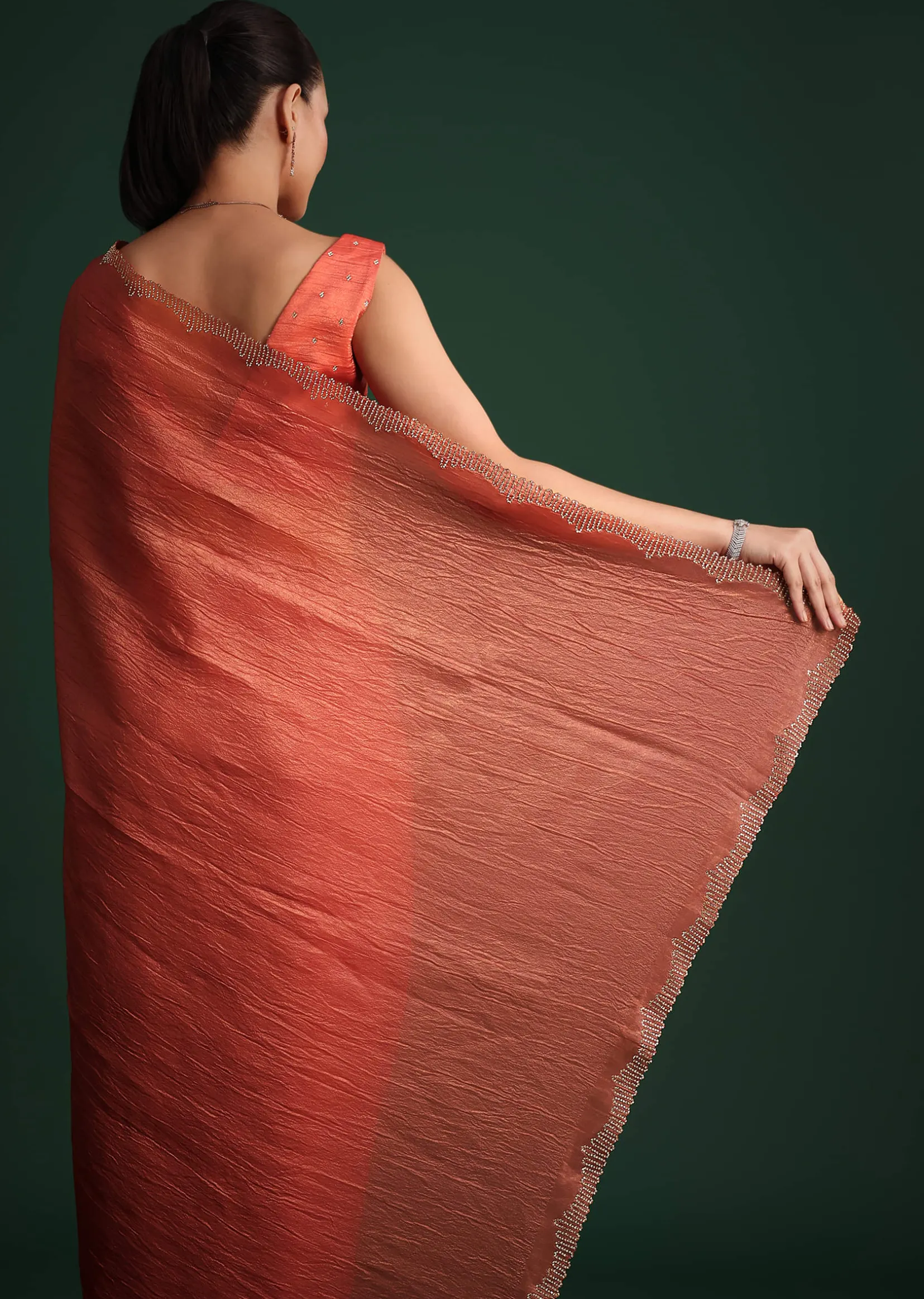 Rust Pink Crushed Tissue Saree With Diamond Work Border