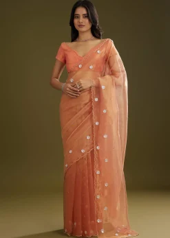 Rust Pink Tissue Floral Embroidered Saree With Cutdana Scallop Border