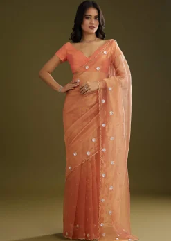 Rust Pink Tissue Floral Embroidered Saree With Cutdana Scallop Border