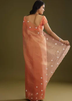 Rust Pink Tissue Floral Embroidered Saree With Cutdana Scallop Border