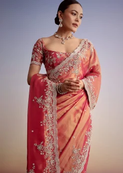 Rust Pink Tissue Saree With Zardosi Cutdana Embroidery