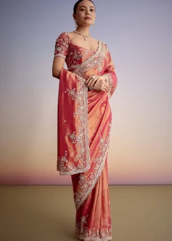 Rust Pink Tissue Saree With Zardosi Cutdana Embroidery