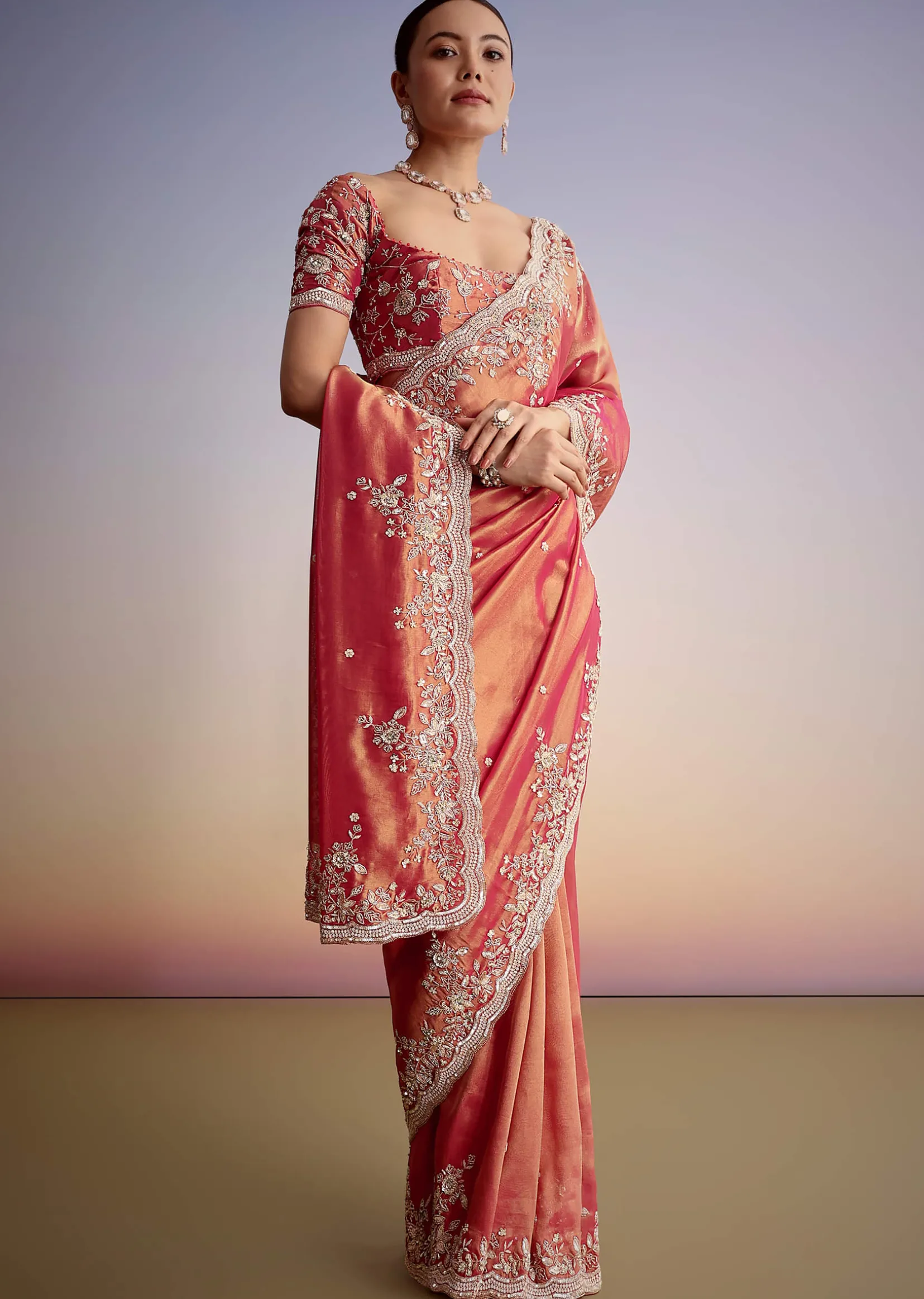 Rust Pink Tissue Saree With Zardosi Cutdana Embroidery