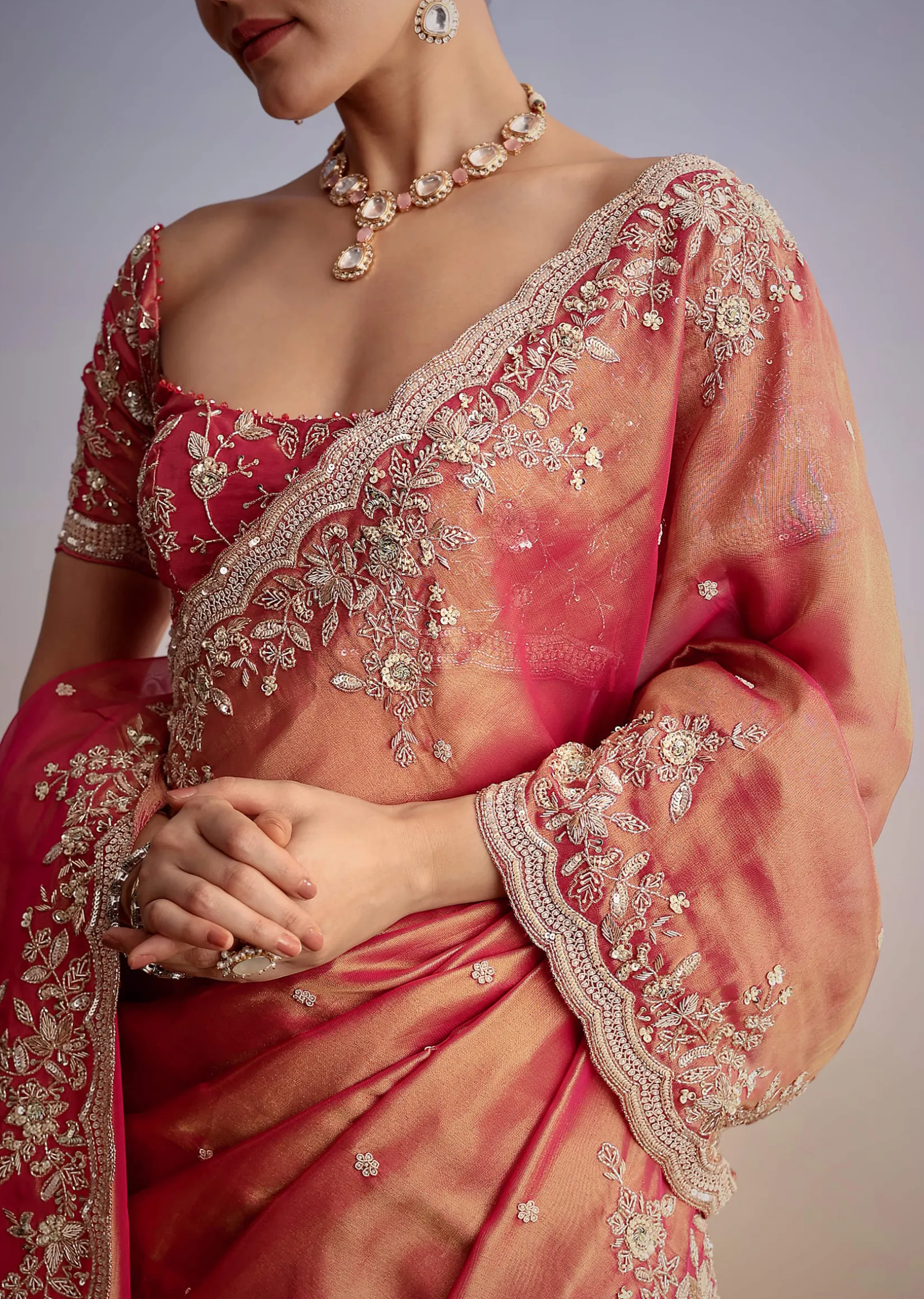 Rust Pink Tissue Saree With Zardosi Cutdana Embroidery