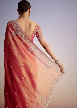 Rust Pink Tissue Saree With Zardosi Cutdana Embroidery
