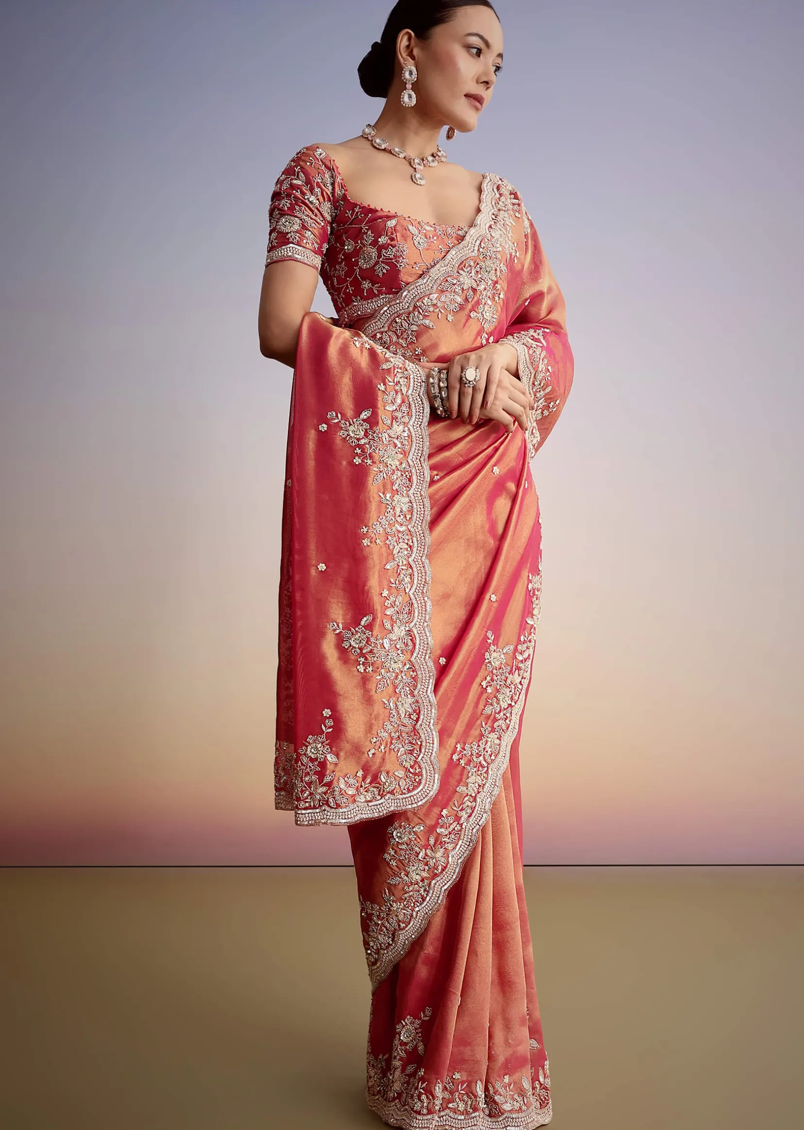 Rust Pink Tissue Saree With Zardosi Cutdana Embroidery
