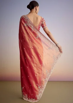Rust Pink Tissue Saree With Zardosi Cutdana Embroidery