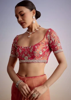 Rust Pink Tissue Saree With Zardosi Cutdana Embroidery