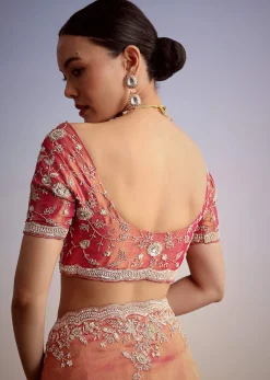 Rust Pink Tissue Saree With Zardosi Cutdana Embroidery