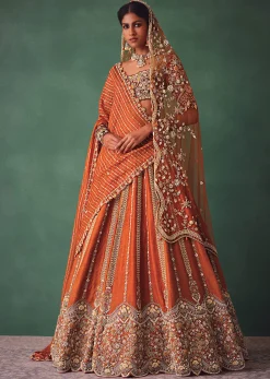 Rust Raw Silk Bridal Lehenga With Buti Work Dupatta
