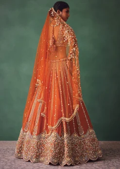 Rust Raw Silk Bridal Lehenga With Buti Work Dupatta