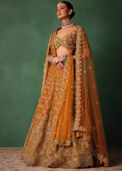 Rust Raw Silk Zardosi Embroidered Bridal Lehenga With Dupatta
