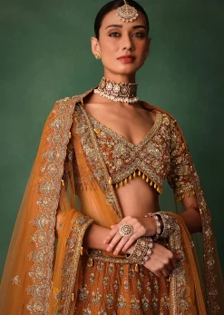 Rust Raw Silk Zardosi Embroidered Bridal Lehenga With Dupatta