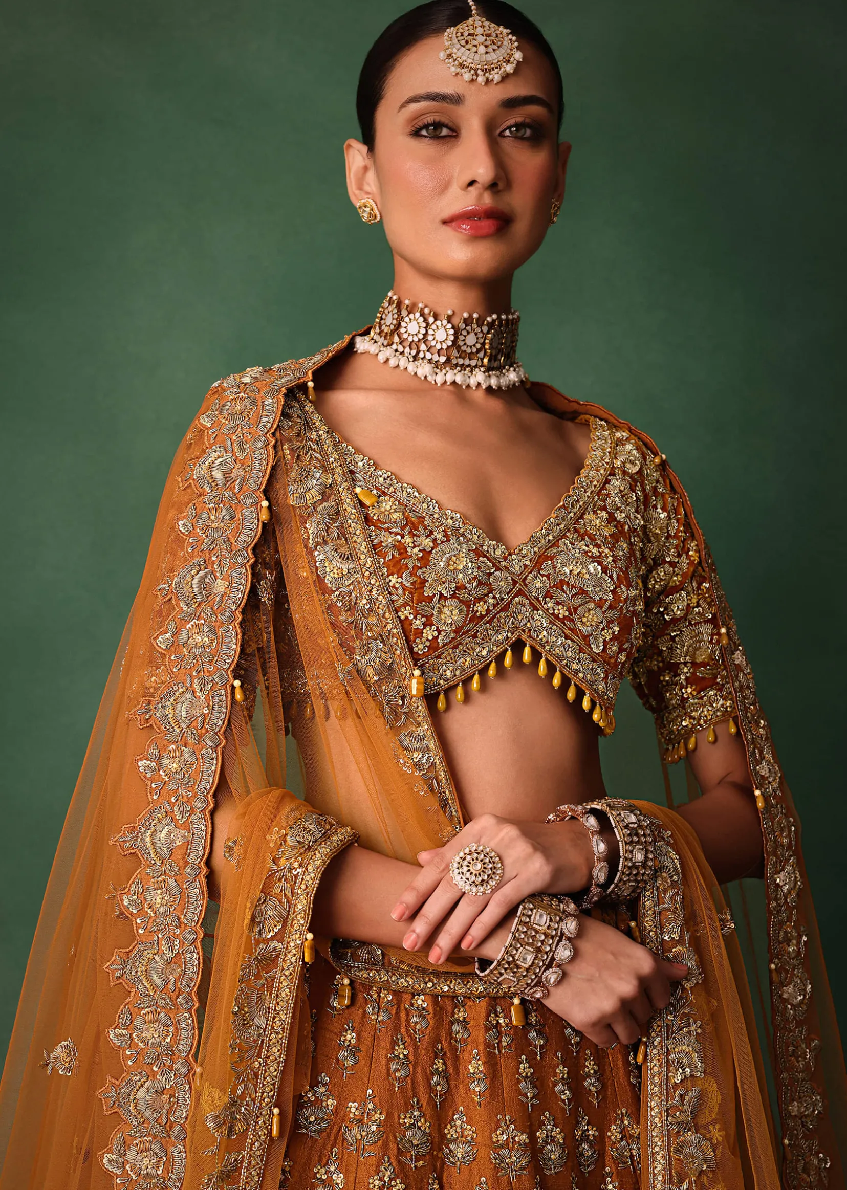 Rust Raw Silk Zardosi Embroidered Bridal Lehenga With Dupatta