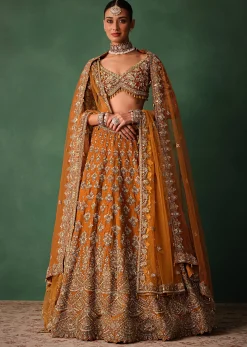 Rust Raw Silk Zardosi Embroidered Bridal Lehenga With Dupatta