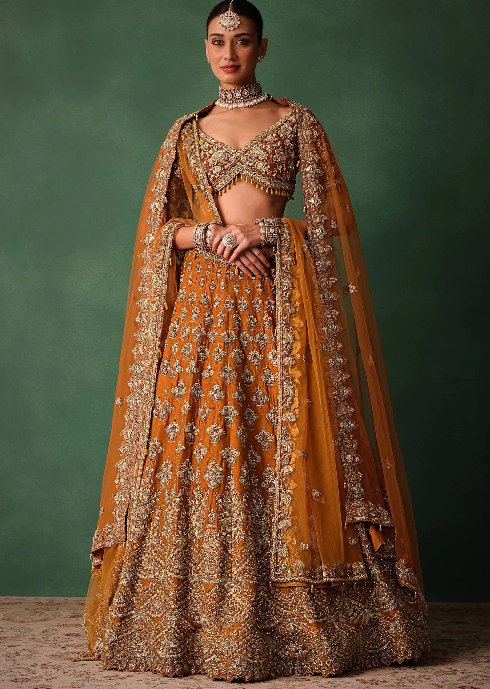 Rust Raw Silk Zardosi Embroidered Bridal Lehenga With Dupatta