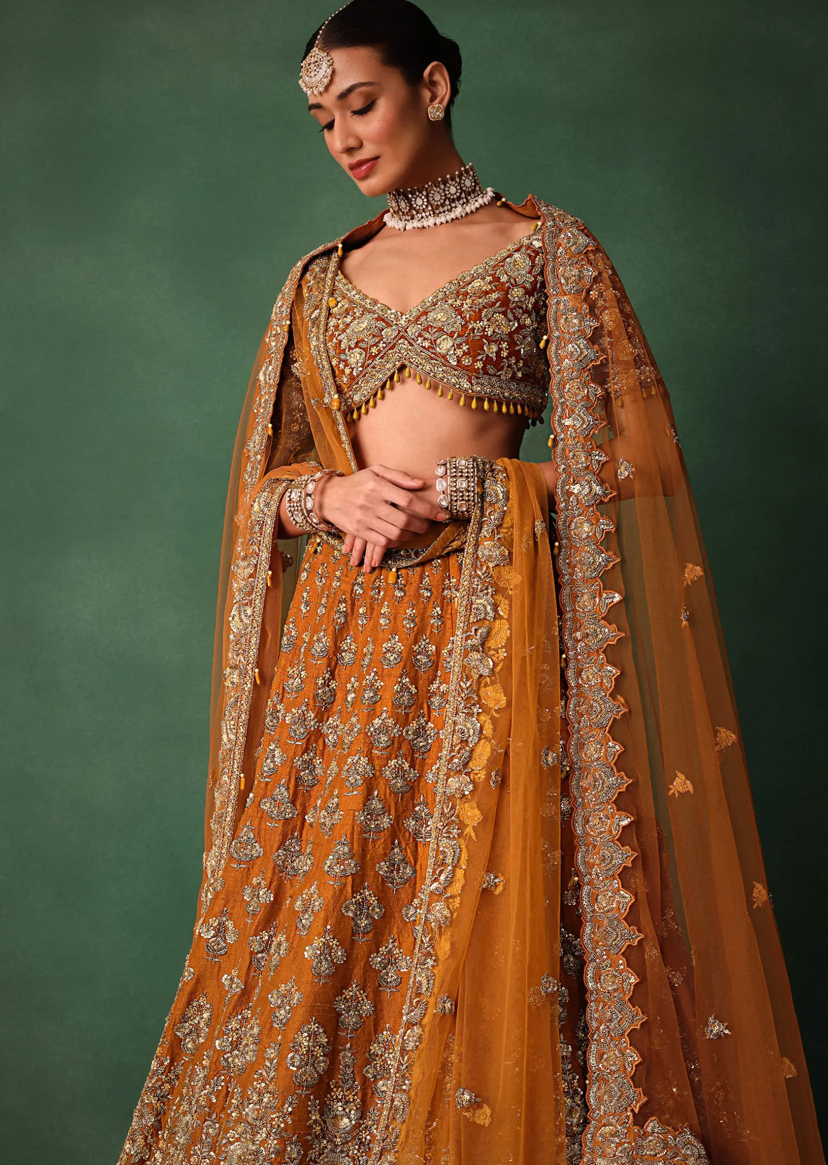 Rust Raw Silk Zardosi Embroidered Bridal Lehenga With Dupatta