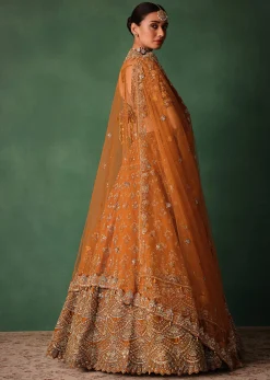 Rust Raw Silk Zardosi Embroidered Bridal Lehenga With Dupatta