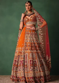 Rust Red Hand Work Bridal Lehenga With Deep Neckline Blouse And Dupatta