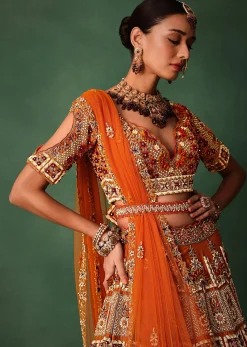 Rust Red Hand Work Bridal Lehenga With Deep Neckline Blouse And Dupatta