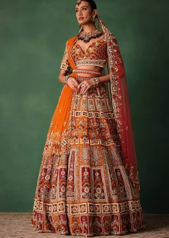 Rust Red Hand Work Bridal Lehenga With Deep Neckline Blouse And Dupatta