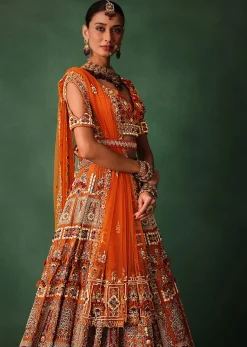Rust Red Hand Work Bridal Lehenga With Deep Neckline Blouse And Dupatta