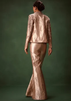 Rust Stretch Net Bell Bottom Set With Embroidered Blazer And Polo Neck Top