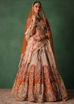 Rust V Neck Blouse With Heavy Jaal Cutdana Work Bridal Lehenga And Heavy Dupatta