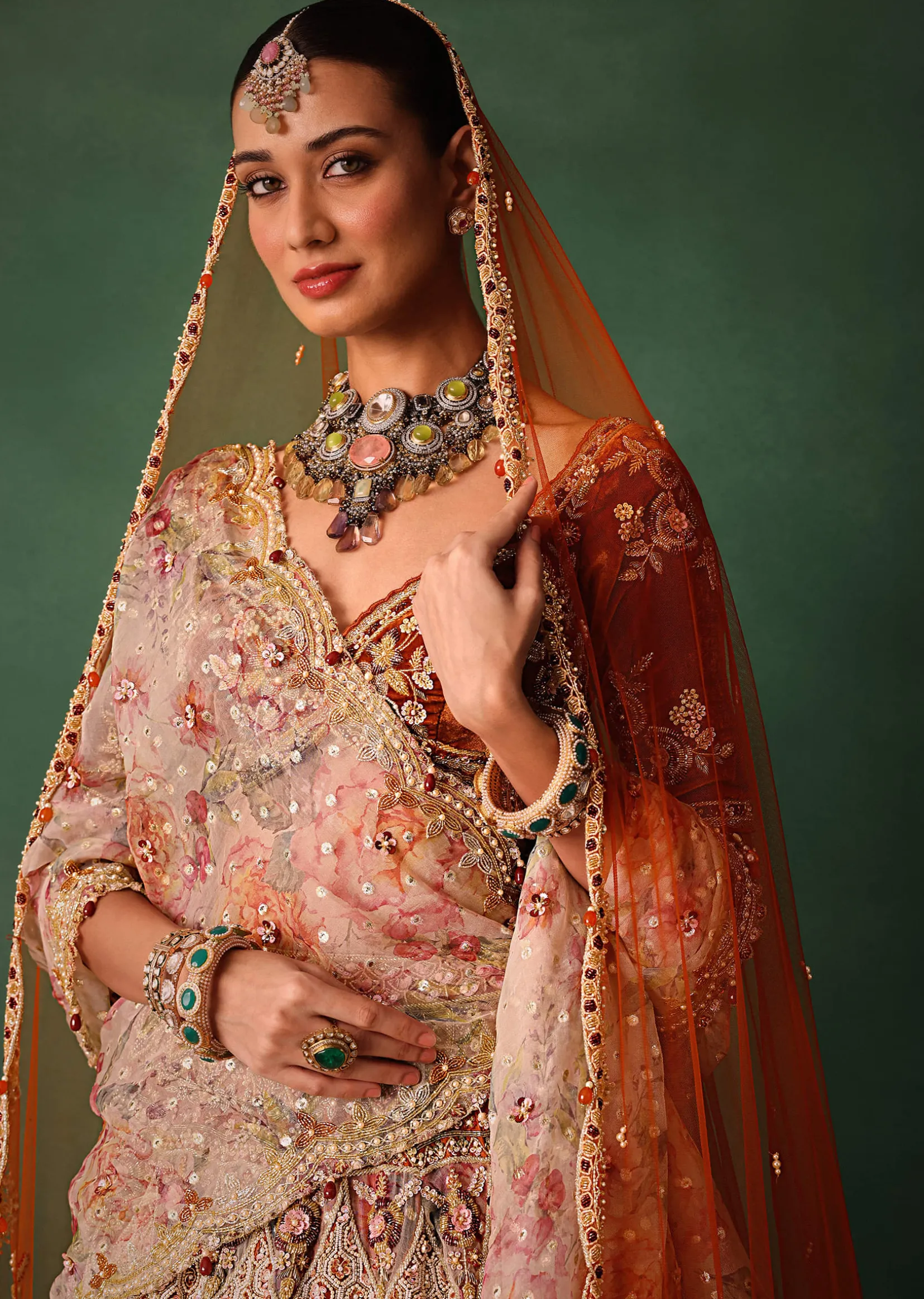 Rust V Neck Blouse With Heavy Jaal Cutdana Work Bridal Lehenga And Heavy Dupatta