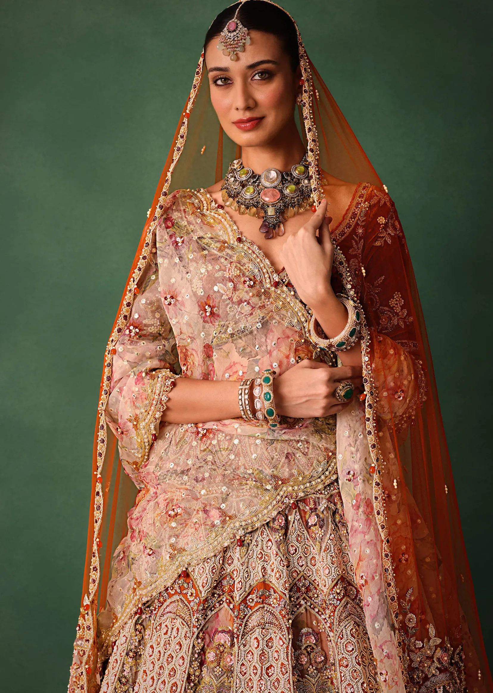 Rust V Neck Blouse With Heavy Jaal Cutdana Work Bridal Lehenga And Heavy Dupatta