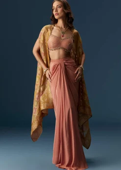 Rusty Pink Embroidered Blouse And Draped Skirt Set With Embellished Cape