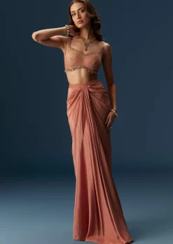 Rusty Pink Embroidered Blouse And Draped Skirt Set With Embellished Cape