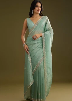Sage Blue Crush Tissue Stone And Sequin Embroidered Saree With Scallop Border