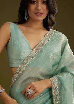 Sage Blue Crush Tissue Stone And Sequin Embroidered Saree With Scallop Border