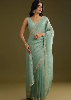 Sage Blue Crush Tissue Stone And Sequin Embroidered Saree With Scallop Border