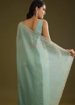 Sage Blue Crush Tissue Stone And Sequin Embroidered Saree With Scallop Border