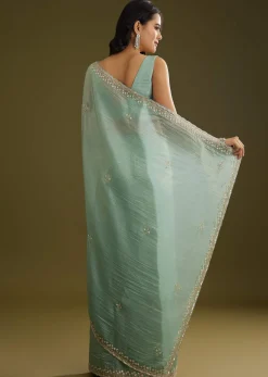 Sage Blue Crush Tissue Stone And Sequin Embroidered Saree With Scallop Border