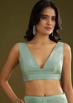 Sage Blue Crush Tissue Stone And Sequin Embroidered Saree With Scallop Border