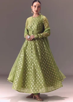 Sage Green Anarkali With Dupatta And Churidar