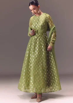 Sage Green Anarkali With Dupatta And Churidar