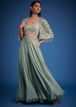 Sage Green Georgette Embroidered Cape Palazzo Set
