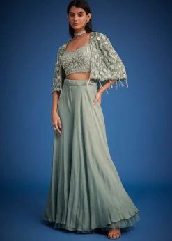 Sage Green Georgette Embroidered Cape Palazzo Set