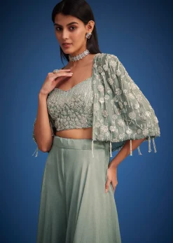 Sage Green Georgette Embroidered Cape Palazzo Set
