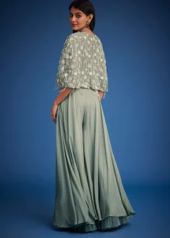 Sage Green Georgette Embroidered Cape Palazzo Set