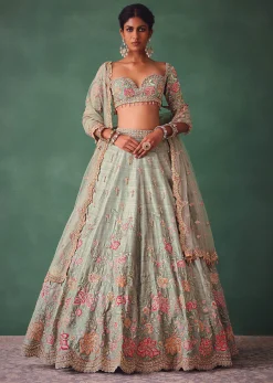 Sage Green Kali Lehenga With Embroidered Blouse And Dupatta